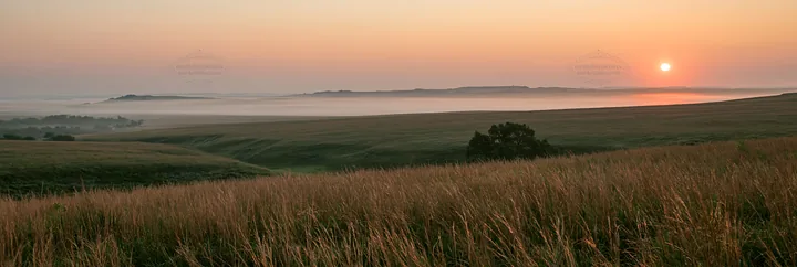 Sunrise over tall grass meadow with mist in the background - AI-generated stock image