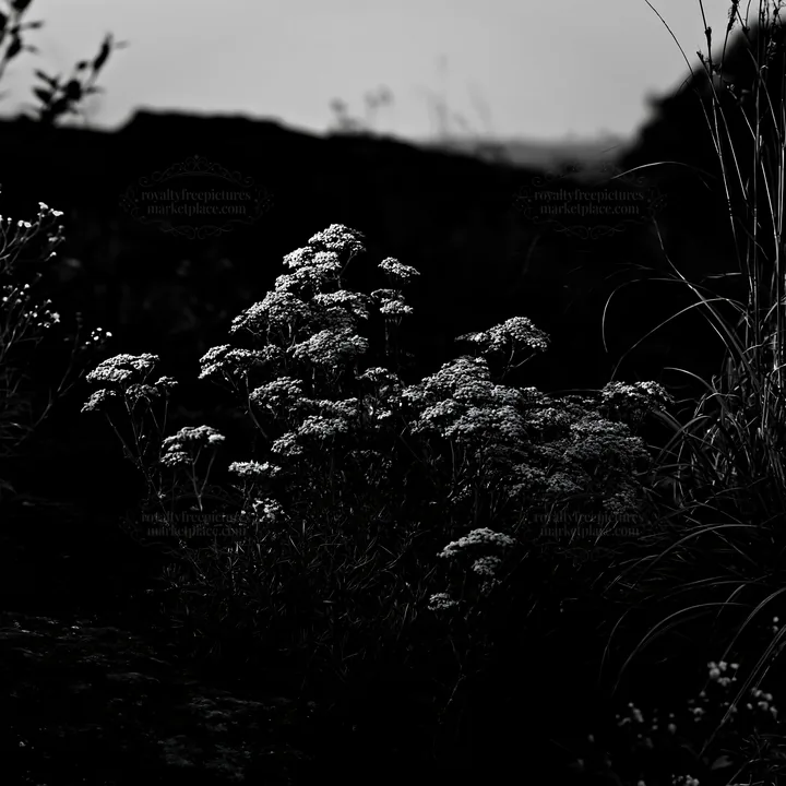 Twilight meadow with yarrow flowers at dusk - AI-generated stock image
