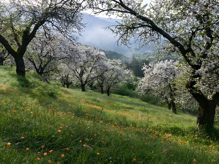 Spring orchard meadow with blossoming trees and yellow flowers - AI-generated stock image