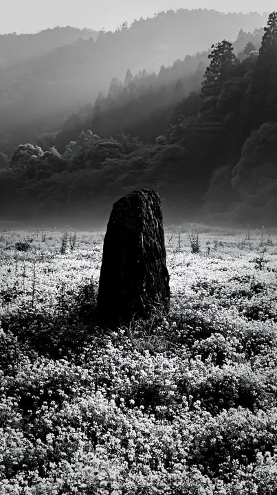 Black and white kyoto spring wildflower meadow stone foreground - AI-generated stock image