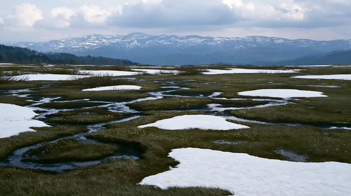 Akita snowmelt meadow with silver grasses in winter season - AI-generated stock image