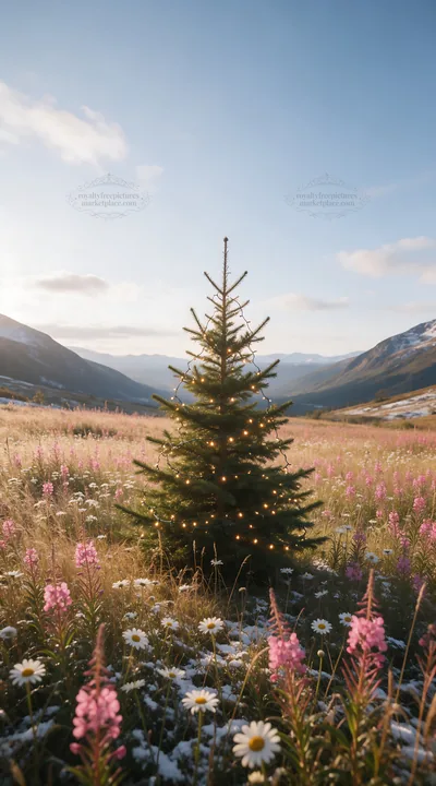 Decorated Christmas tree in mountain valley meadow at sunset - AI-generated stock image