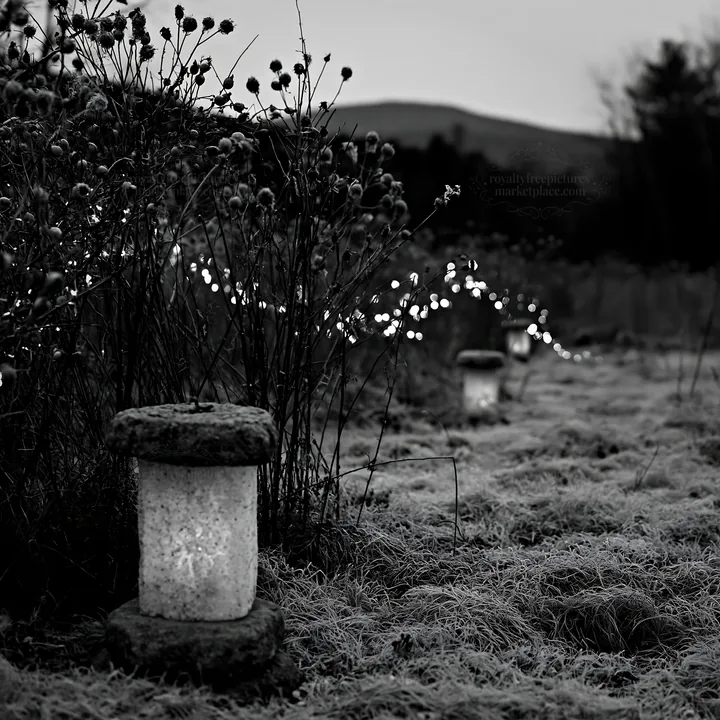 Frost-covered meadow with lanterns and seedheads at dusk - AI-generated stock image