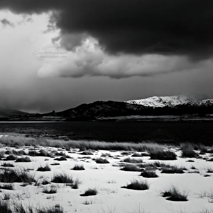 Snowy lakeside meadow with dark clouds above mountains - AI-generated stock image