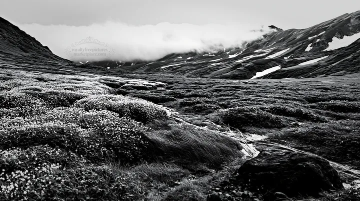 Snowmelt in Toyama alpine meadow with rocks in the foreground - AI-generated stock image