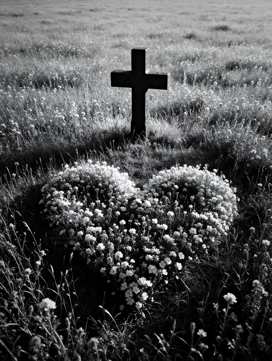 Dark Christian cross in summer meadow with heart-shaped flowers - AI-generated stock image