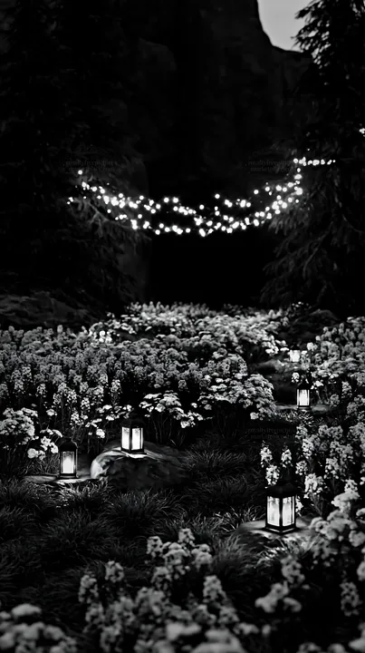 Christmas lanterns at dusk in meadow by cave - AI-generated stock image