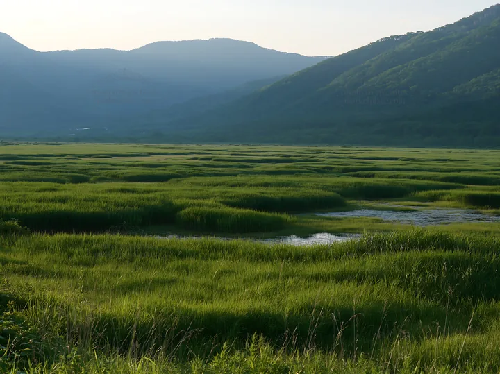Shiga wetland meadow climate adaptation reeds in a green landscape - AI-generated stock image