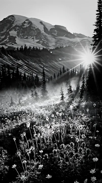 Mount Rainier wildflower meadow at sunrise - AI-generated stock image