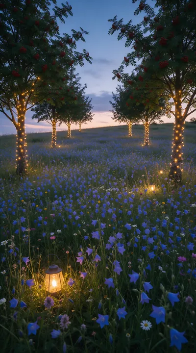 Vibrant Christmas lights illuminating meadow at dusk - AI-generated stock image