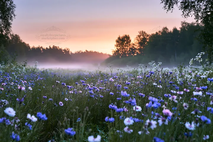 Cornflower meadow with mist at dawn near a forest - AI-generated stock image