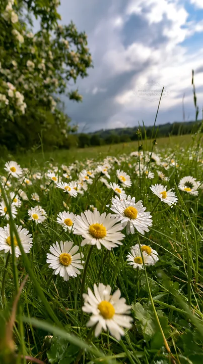 Daisies in a meadow under a cloudy sky - AI-generated stock image