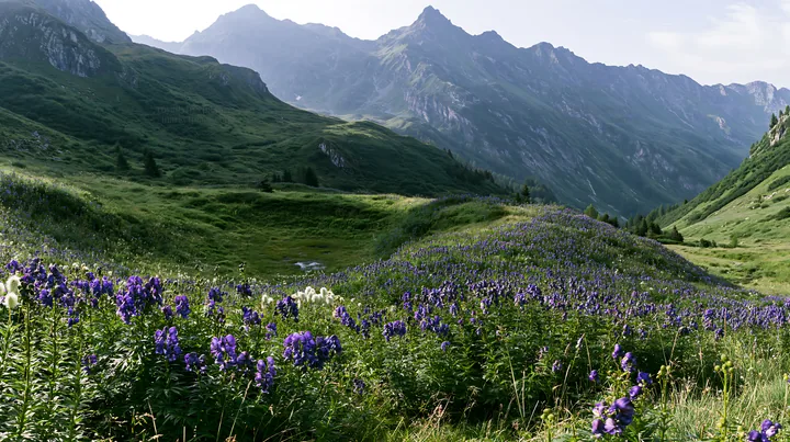 Swiss alpine meadow with flowers and mountains in panorama - AI-generated stock image