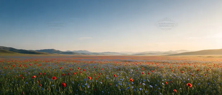 Poppy flax meadow with blooming flowers under clear sky - AI-generated stock image