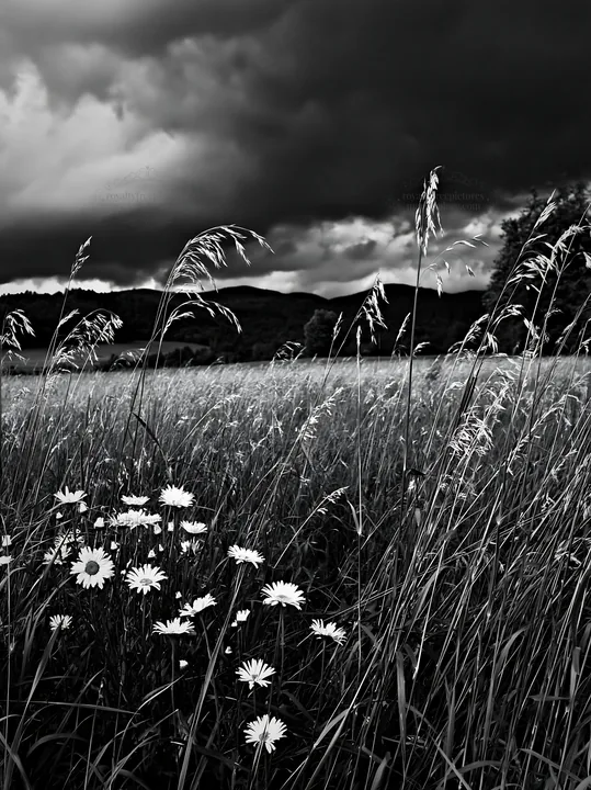 Black and white tall grass meadow with daisies under a cloudy sky - AI-generated stock image