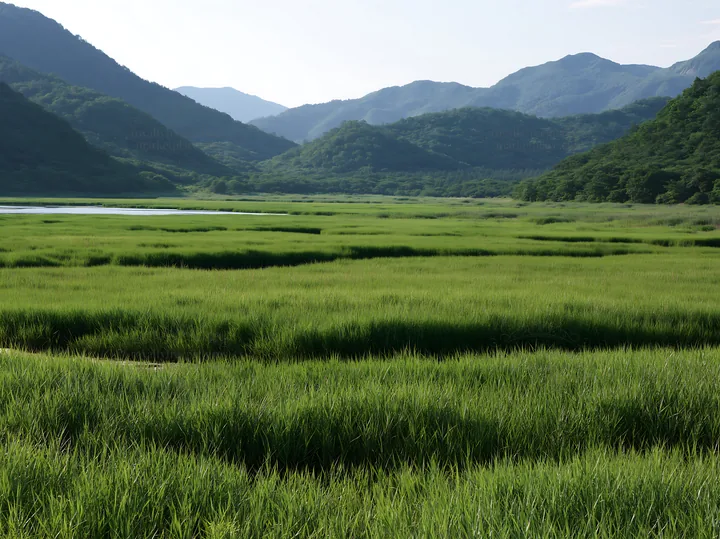 Shiga wetland meadow with reeds and distant mountains - AI-generated stock image