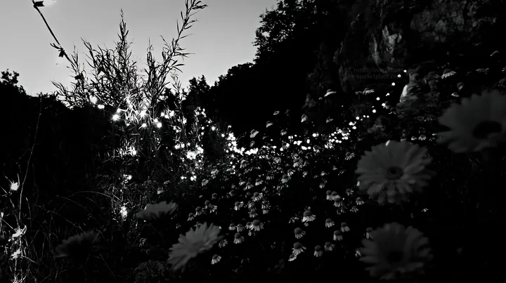 Christmas lights in meadow by cave at dusk - AI-generated stock image