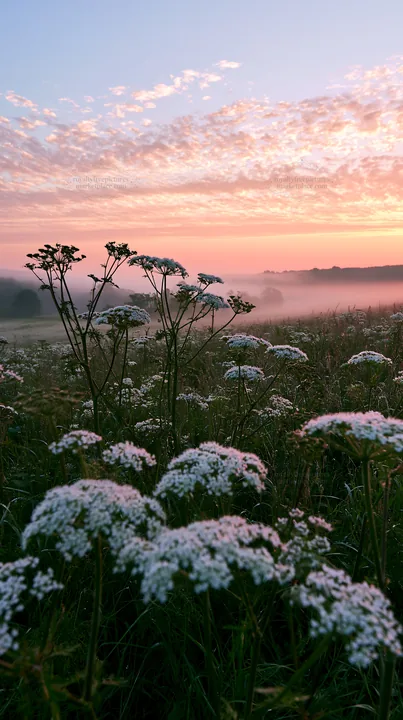 Cow parsley meadow at sunrise with mist in the background - AI-generated stock image