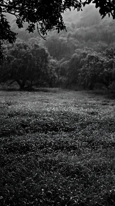 Black and white clover apple meadow with trees in rainy weather - AI-generated stock image