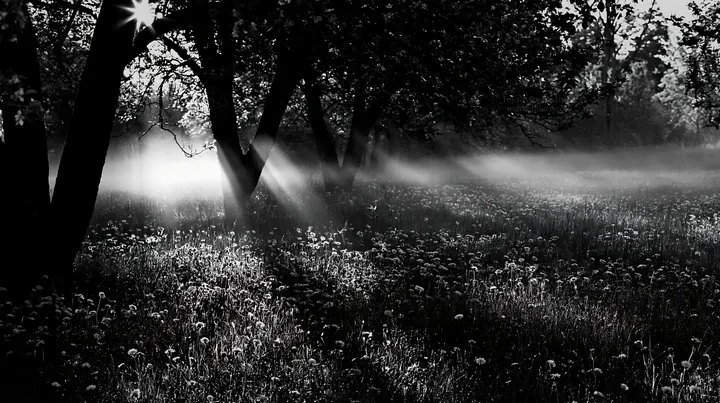 Dandelion meadow at dawn with trees and mist - AI-generated stock image