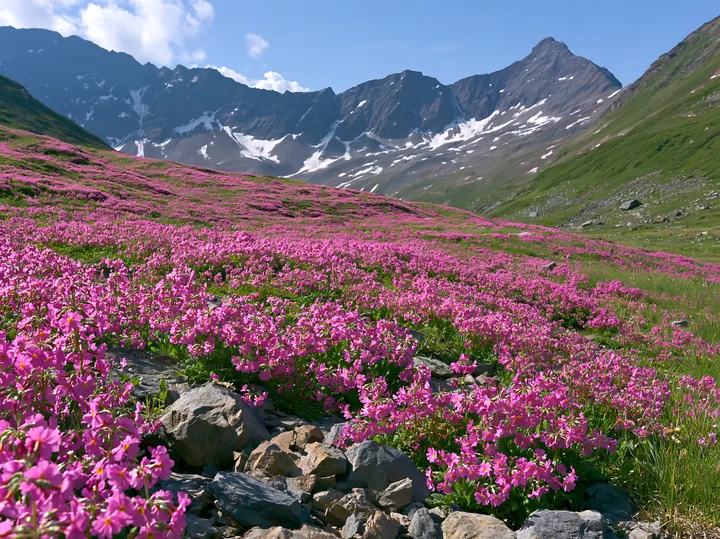 Swiss alpine meadow with flowers and mountain backdrop - AI-generated stock image