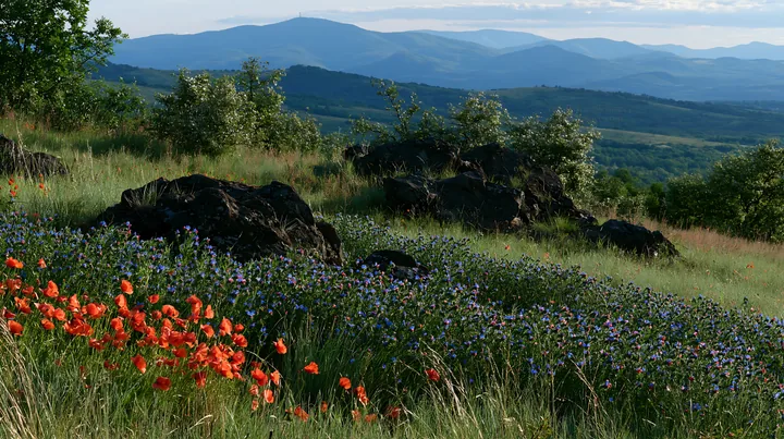 Poppy viper's-bugloss meadow under clear sky - AI-generated stock image