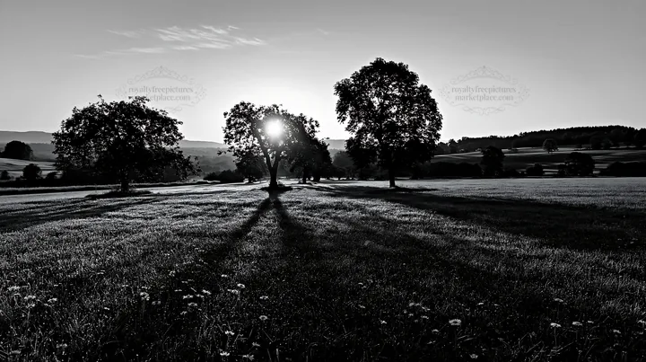 Meadow with trees and sunlight at sunset - AI-generated stock image