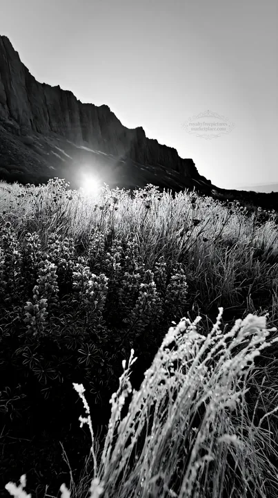 Frosty meadow at sunrise with mountains in the background - AI-generated stock image