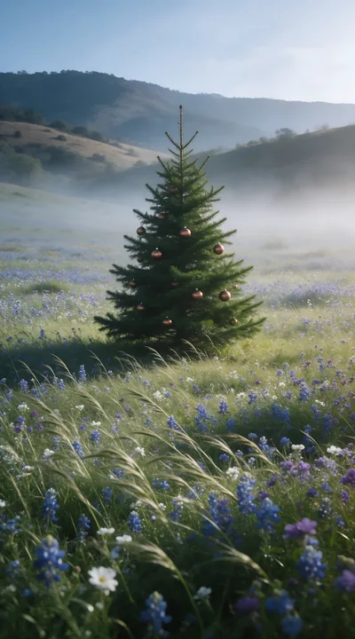 Vibrant Christmas tree in misty meadow with wildflowers - AI-generated stock image