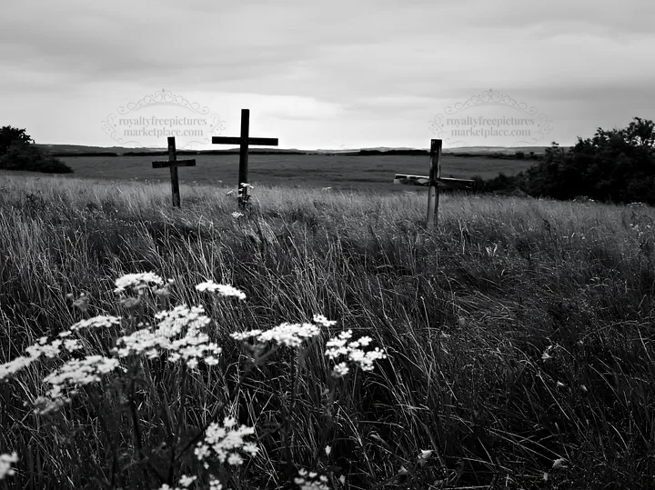 Christian crosses in rain soaked meadow with wildflowers - AI-generated stock image