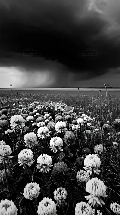 Black and white colorful clover meadow with dark stormy clouds above - AI-generated stock image