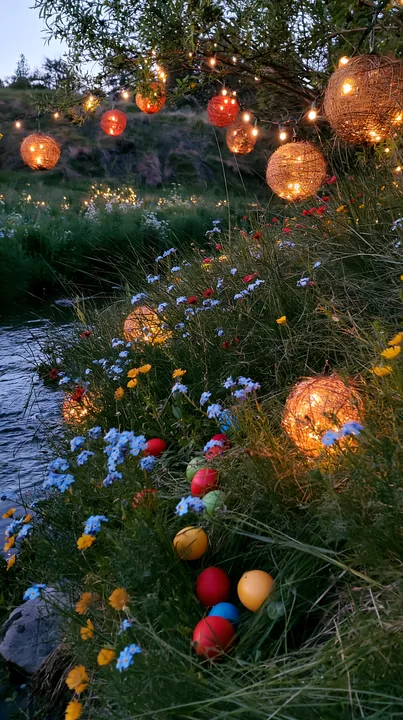 Lanterns beside stream in meadow at dusk - AI-generated stock image