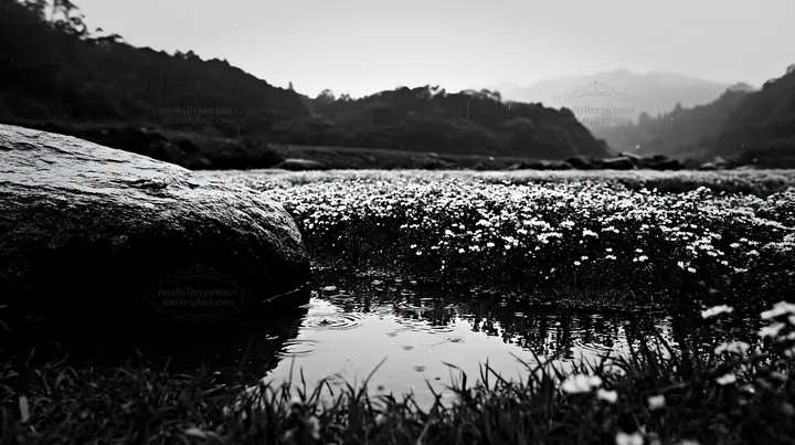 Black and white hiroshima rainy meadow smooth rock foreground - AI-generated stock image