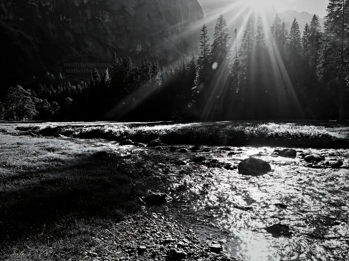 Lauterbrunnen Valley meadow with light rays and flowing water - AI-generated stock image