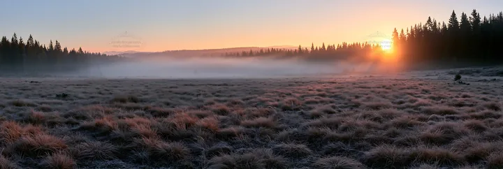 Frosty meadow sunrise with mist and trees in the background - AI-generated stock image