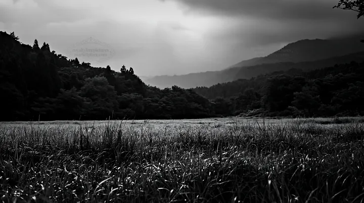 Miyazaki sunrise meadow with dew covered sedges - AI-generated stock image