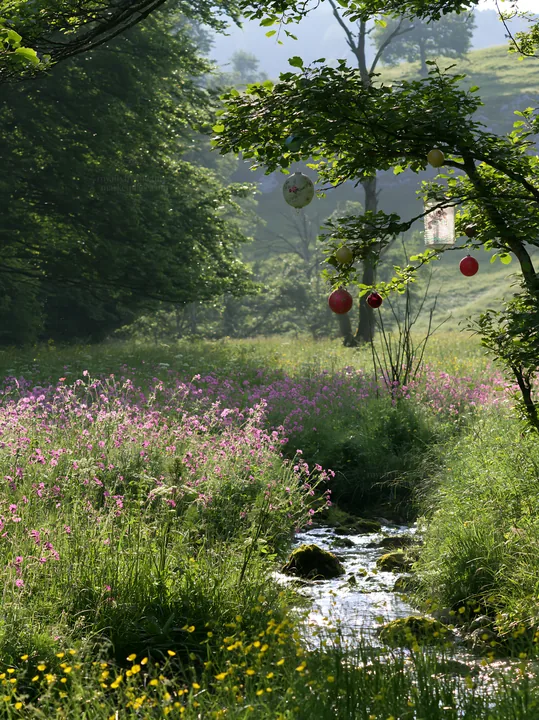 Christmas ornaments above stream in meadow - AI-generated stock image