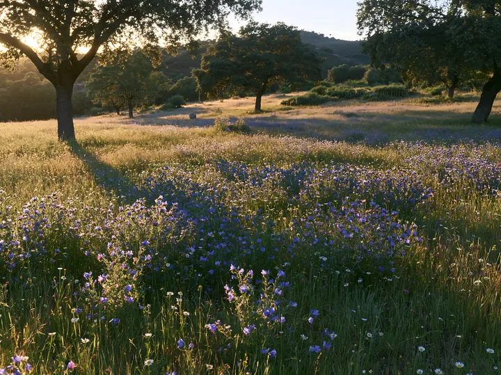 Regenerative meadow with wildflowers in golden hour light - AI-generated stock image