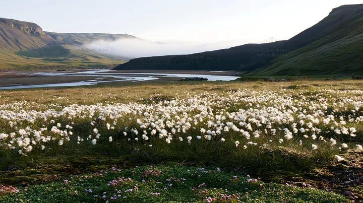 Meadow filled with seedheads by a river in Iceland - AI-generated stock image