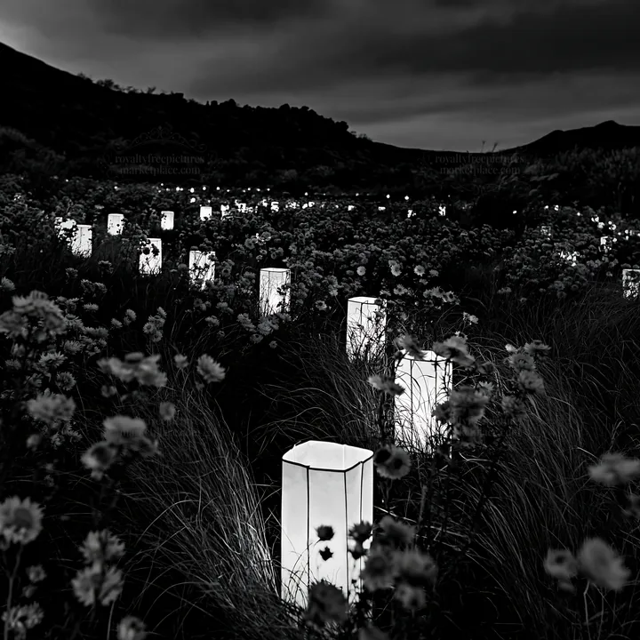 Vibrant Christmas lanterns under twilight sky in meadow - AI-generated stock image