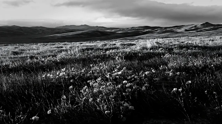 Black and white cloudy foothill meadow with red flowers in open landscape - AI-generated stock image