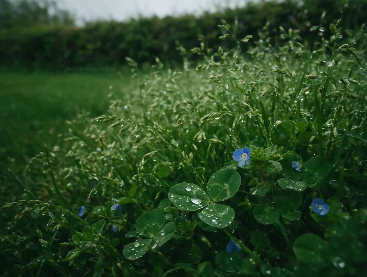 Clover speedwell meadow with rain droplets on leaves - AI-generated stock image