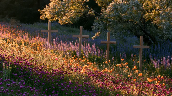 Wooden crosses in a flower meadow during Christmas time - AI-generated stock image