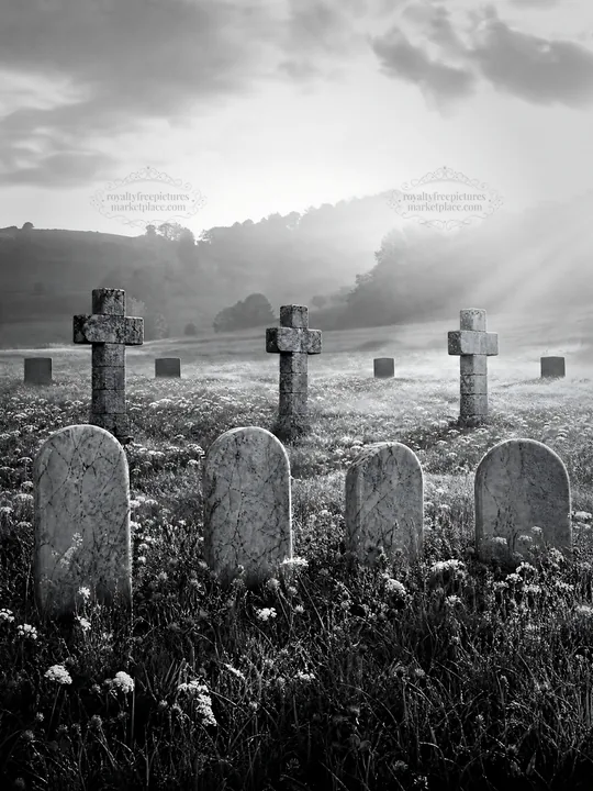 Christian crosses in meadow with light rays shining through trees - AI-generated stock image