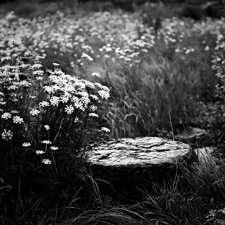 Black and white hiroshima rainy meadow smooth rock foreground - AI-generated stock image