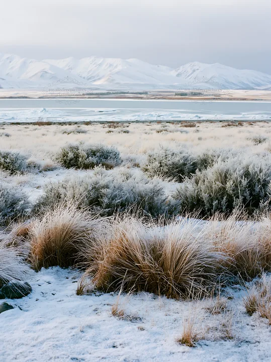 Meadow at Lake Tekapo with snowy alps in the background - AI-generated stock image