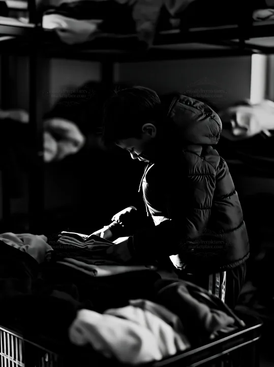 Black and white urban child hardship during clothing sorting - AI-generated stock image