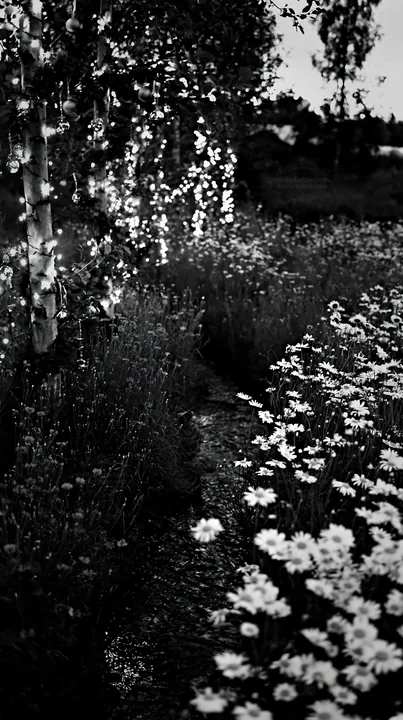Christmas lights beside stream in meadow at dusk - AI-generated stock image