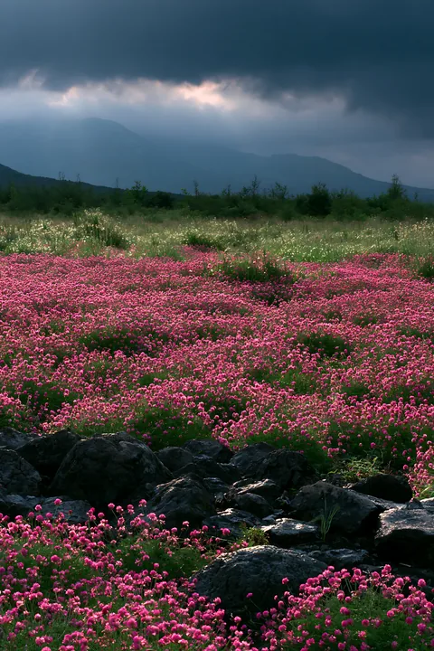 Kumamoto volcanic meadow with dark rock and pink flowers - AI-generated stock image