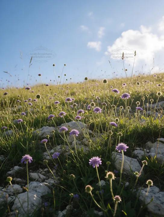 Sunny limestone meadow with flowers and open sky - AI-generated stock image